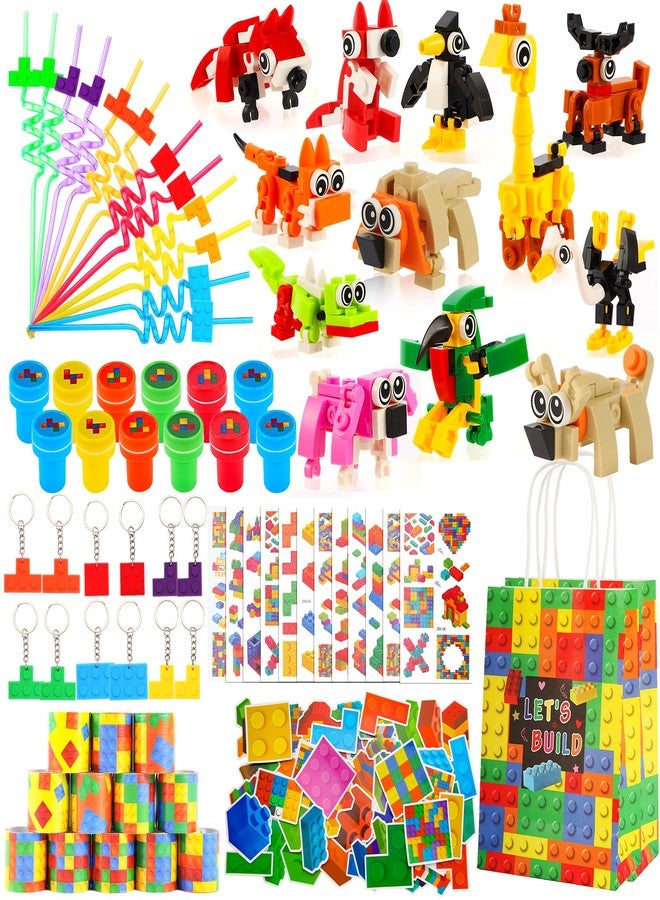 LiYiQ 134 Pcs Building Blocks Party Favors with Reusable Drinking Straws Animal Building Blocks Slap Bracelets Keychains Stamps Stickers and Gift Bags Gamer Birthday Party Supplies (Building) - Image 1